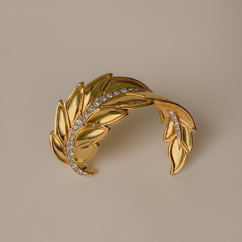 Vintage Gold Leaf Feather Wheat Rhinestone Swirl Art Nouveau Chic Pin Brooch
